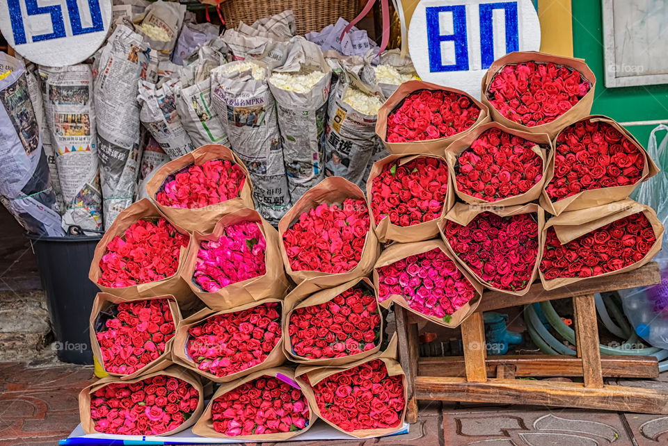 Pink roses in the famous wholesale PakKongTaLad market in Bangkok Thailand