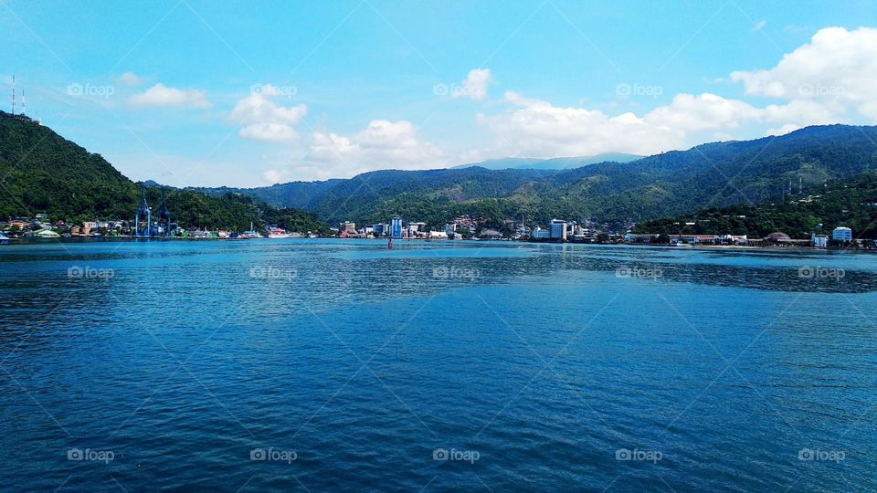 Beautiful landscape, view of Jayapura City seen from the sea, the beauty of eastern Indonesia.