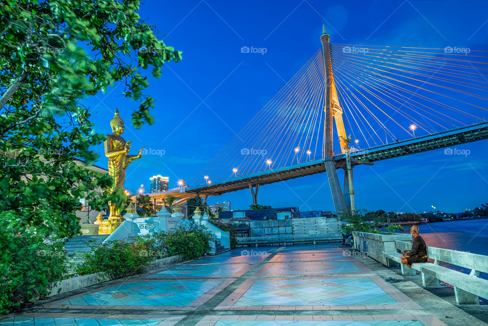 Beautiful view of landmark bridge Bhumibol bridge in Bangkok Thailand