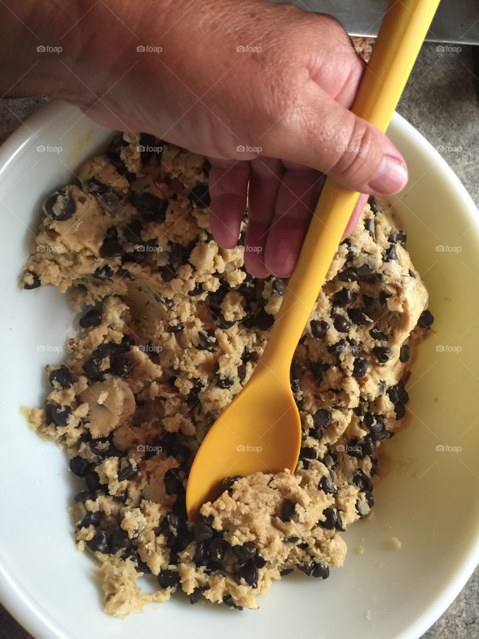 Mixing up my legendary chocolate chip cookies