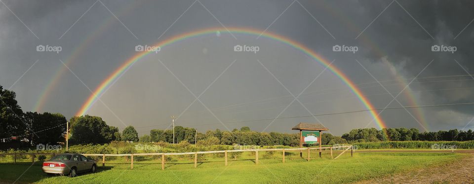 A vivid full double rainbow against a stormy sky above beautiful, green blueberry fields.