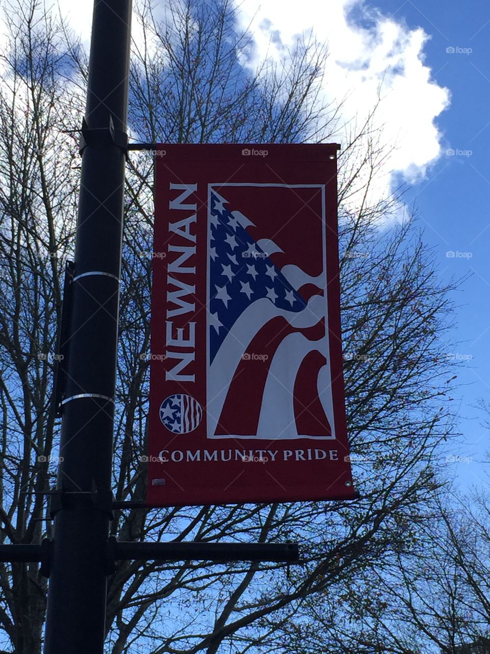 A banner hanging in historic city in Newnan , Georgia with tree and blue sky in the background.