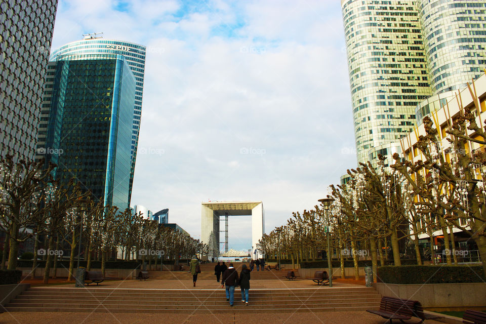 Visitors walk in Le Defence,the financial district of Paris