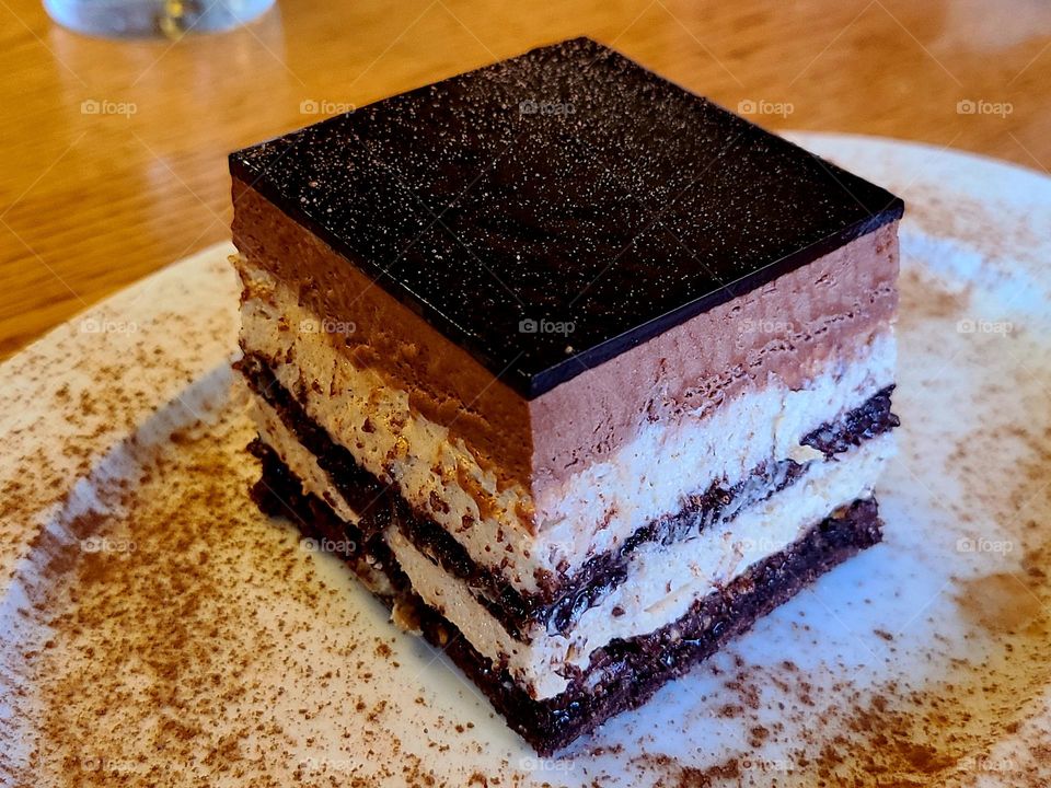 Seven layer chocolate mousse cake, absolutely delicious, creamy and luscious. Definitely a decadent end to any meal 