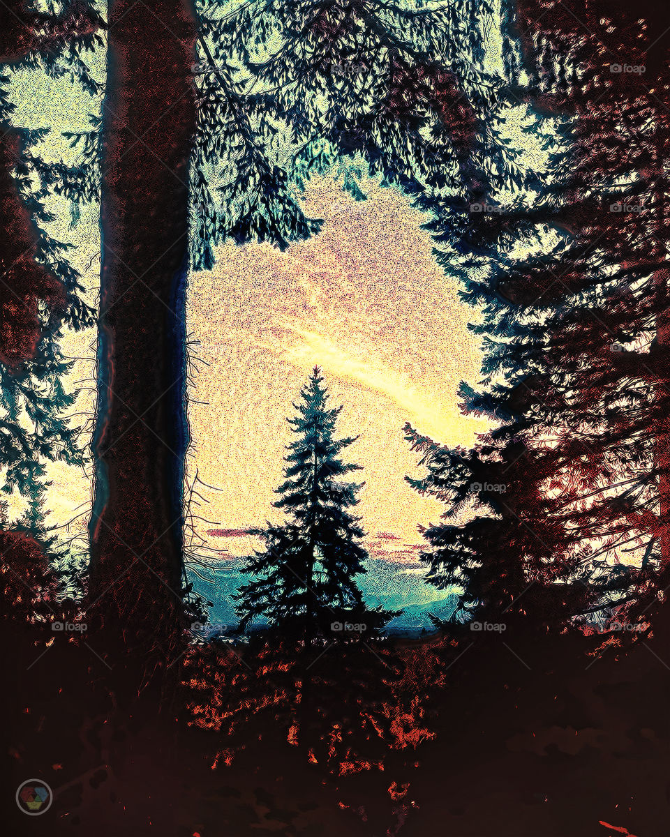Stylized photo of mountain view through trees