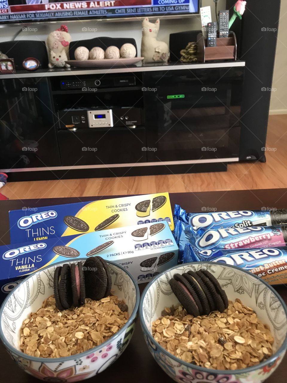 Having breakfast with favourite cookie Areo and cereal at home Cheltenham Melbourne Australia 
