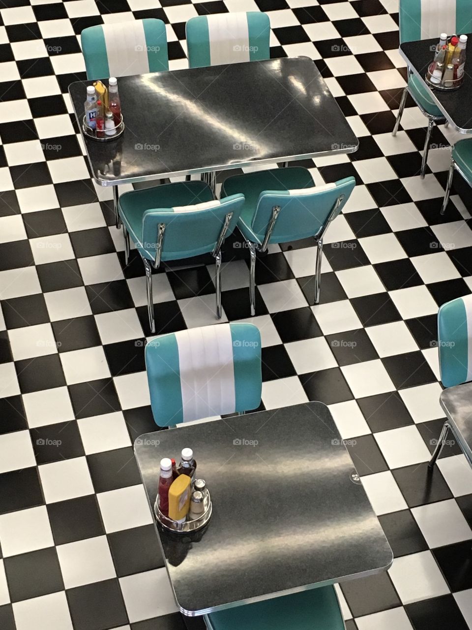 Retro café, checkered floor.