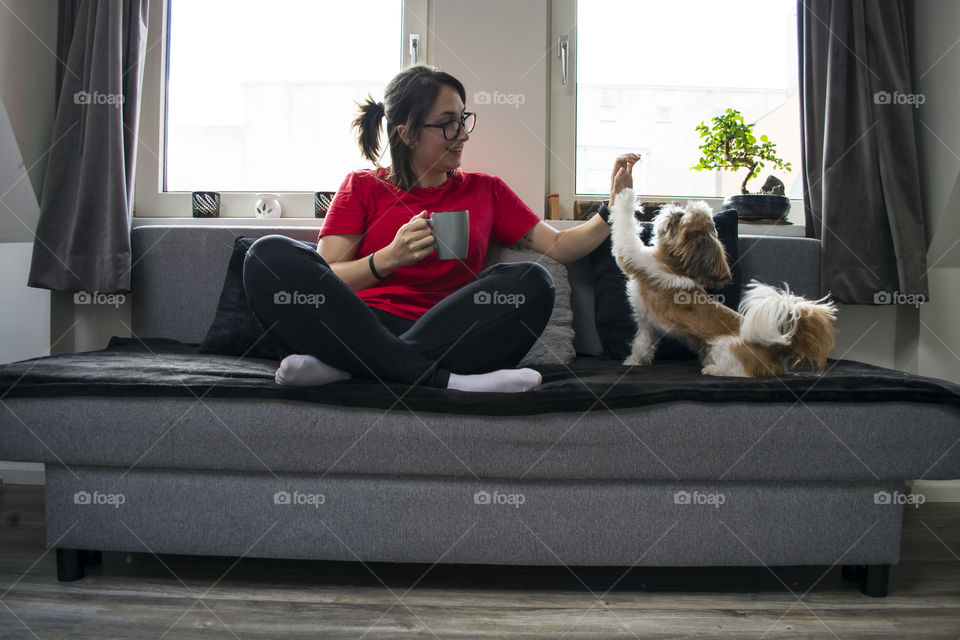 Woman and her cute dog playing on the couch during quarantine