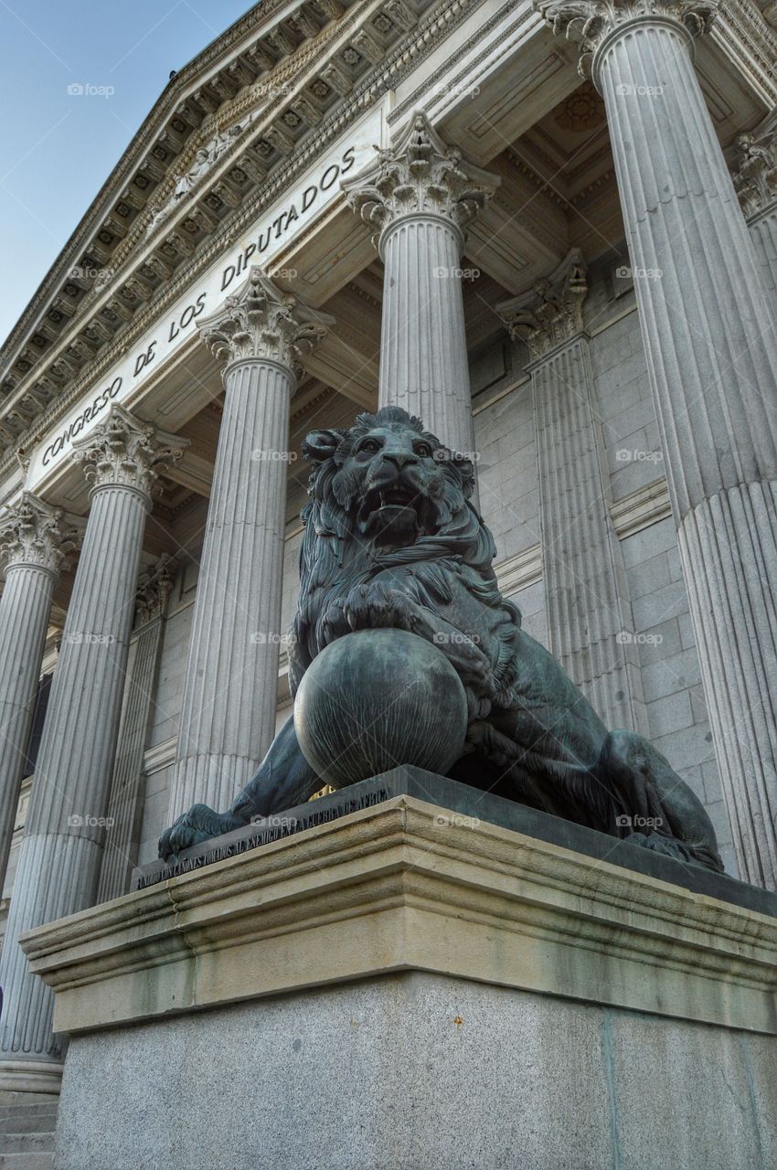 Façade of the building of the Congress of Deputies in Madrid, Spain.