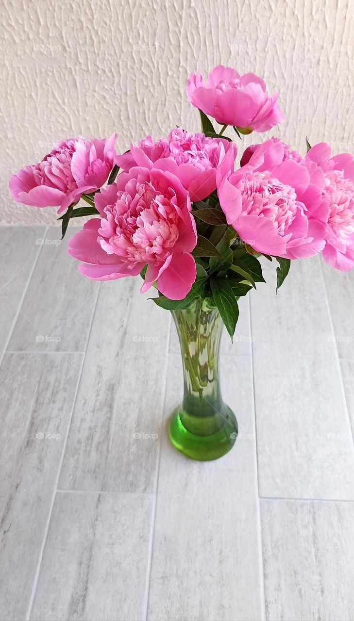 summer flowers in vase on a wall background