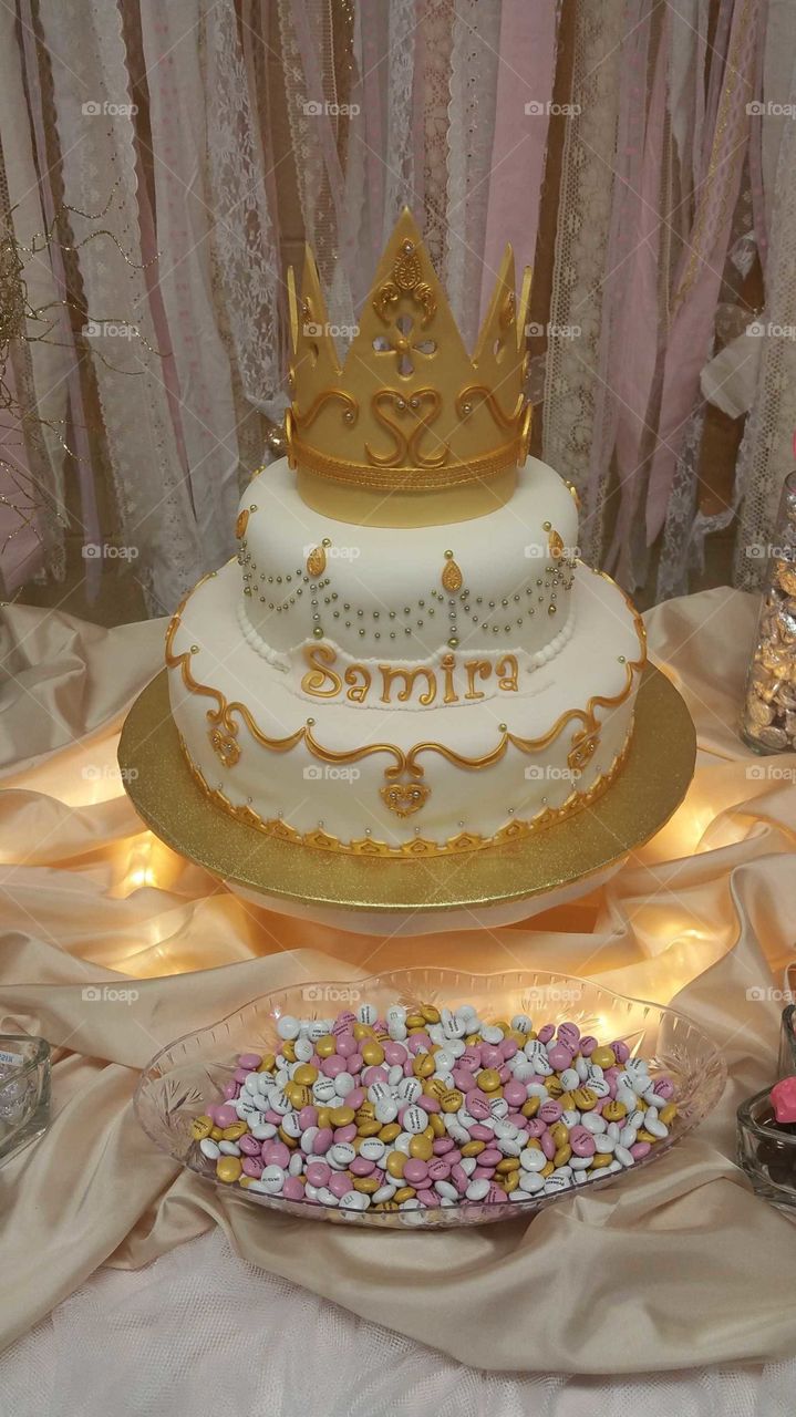 White and Gold Birthday Cake with Crown