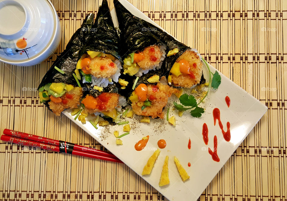 Cooking, mango tempura sushi hand rolls, home made