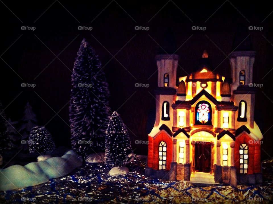 Christmas Village Church. Taken very close to our small ceramic Christmas village.