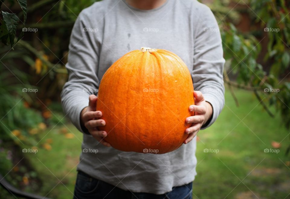 A young man Holding a very large orange pumpkin in his hands