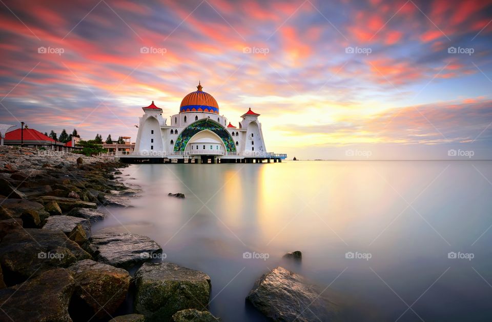 Long exposure sunrise over Malacca Straits Mosque, Malaysia