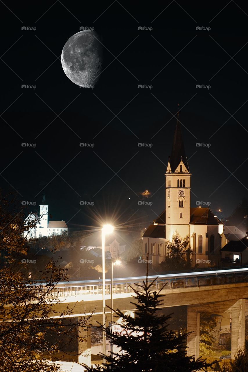 Night scene with church in Krapina city, croatia, county hrvatsko zagorje