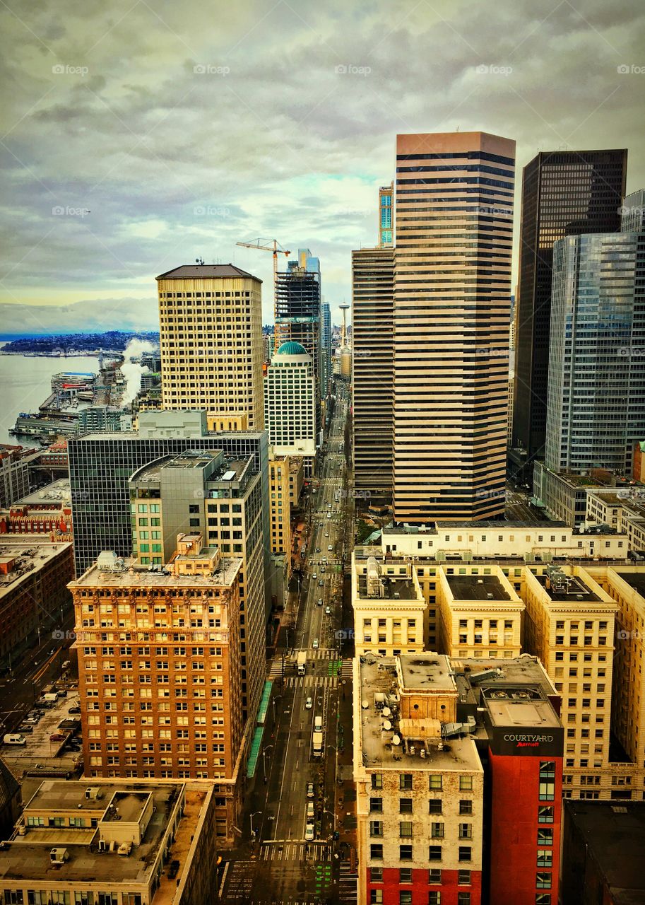 2nd Avenue, Seattle with Space Needle in background 