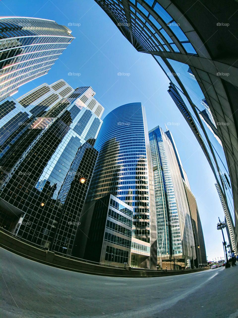 Fisheye shot of skyscrapers in downtown Chicago