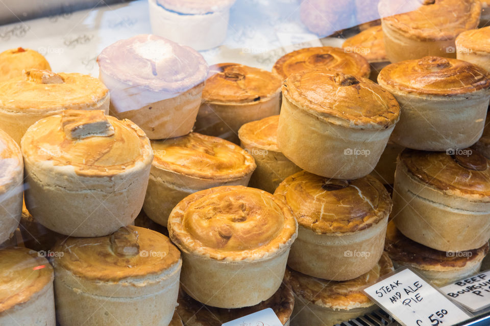 Pie at a food stand at Borough Market in London.