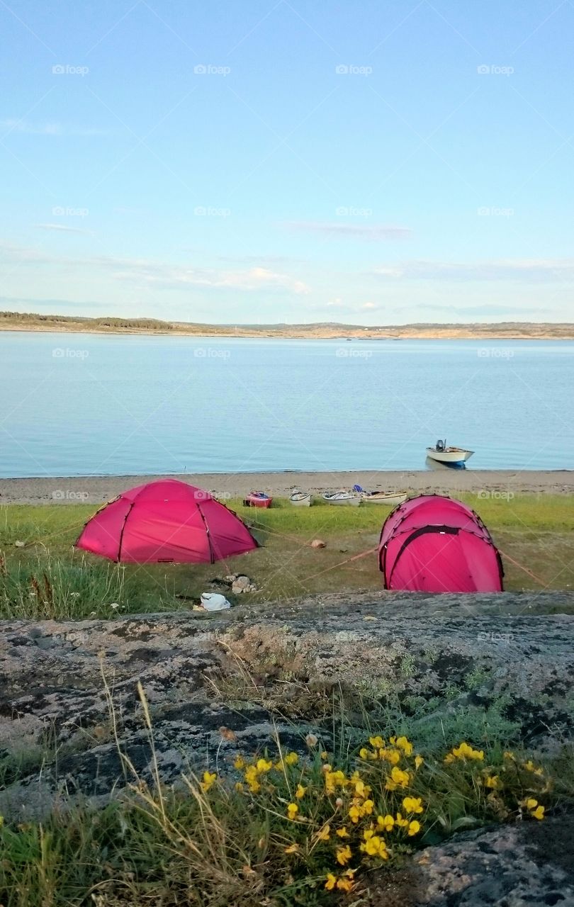 red tents on a island