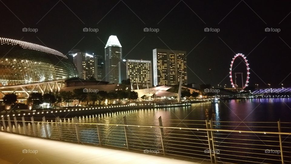 Singapore city by the night, Esplanade Theater, Singapore Flyer, Mandarin Oriental Hotel, shopping.
