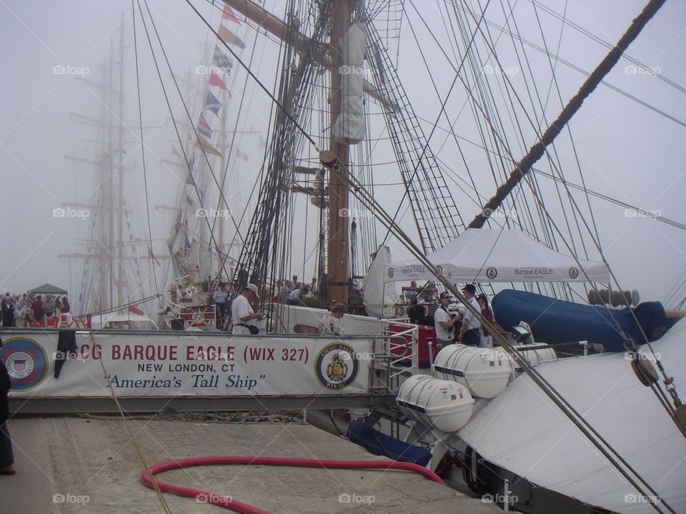 USCG Eagle in the fog in Cherbourg