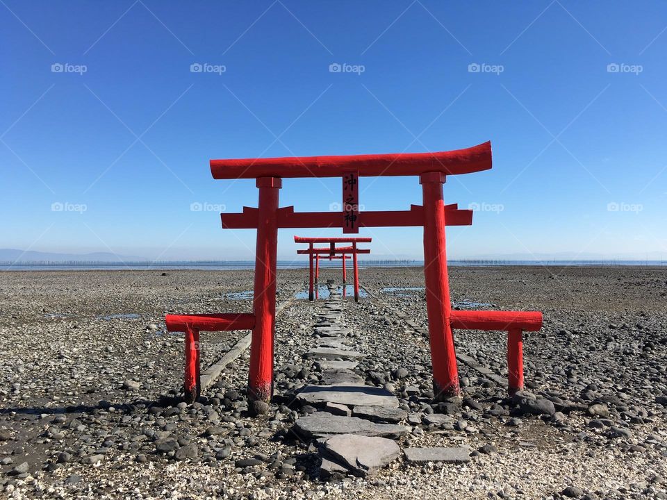 Sea Torii of Ohuo Shrine at low tide, in Tara town, Saga prefecture 