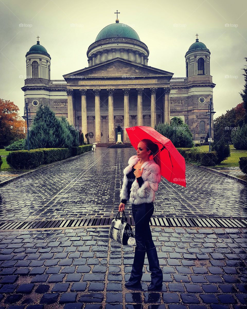 In Budapest.The Girl with red umbrella.