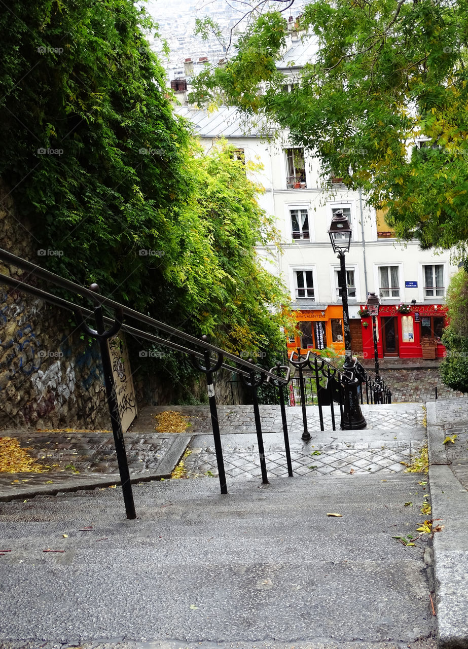 Stairs with lightpole at Montmartre, Paris, France