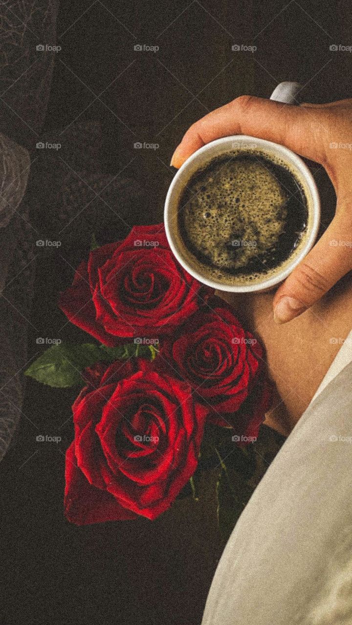 Morning, cup of coffee, coffee, roses 