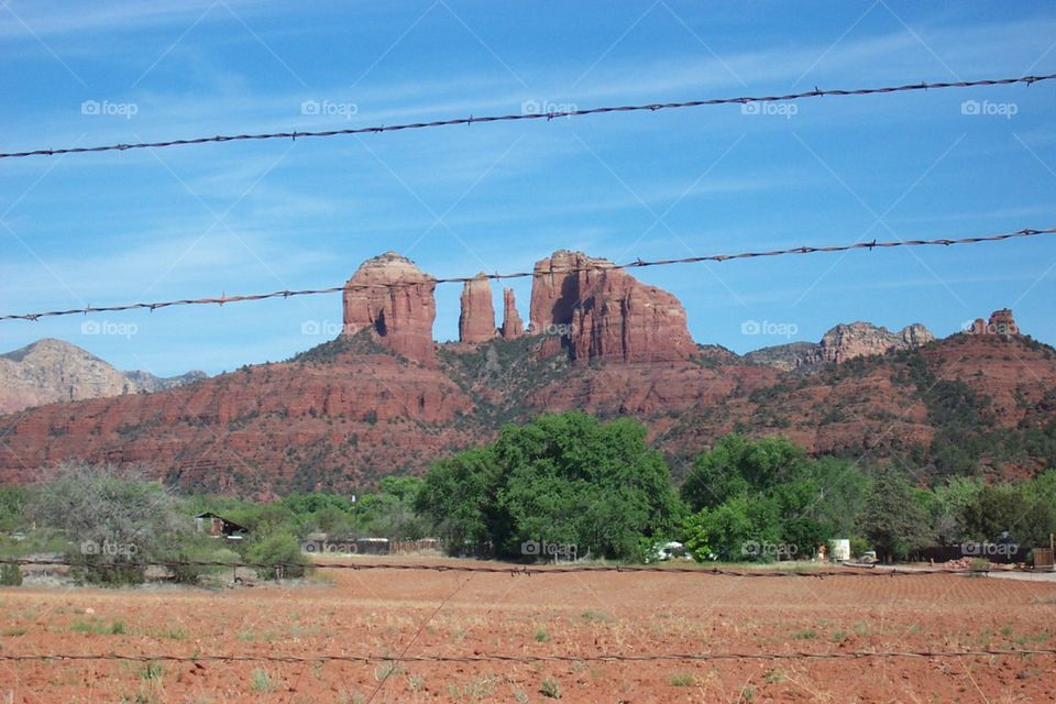 Sedona Arizona Farm behind barbed wire enveloped by stark greenery against desert landforms