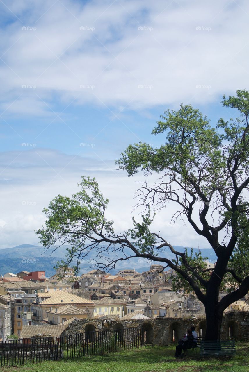 Women sit under tree overlooking Corfu Town, Greece