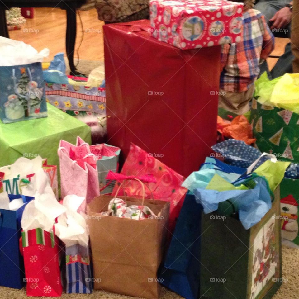 White elephant gifts waiting to be opened 
