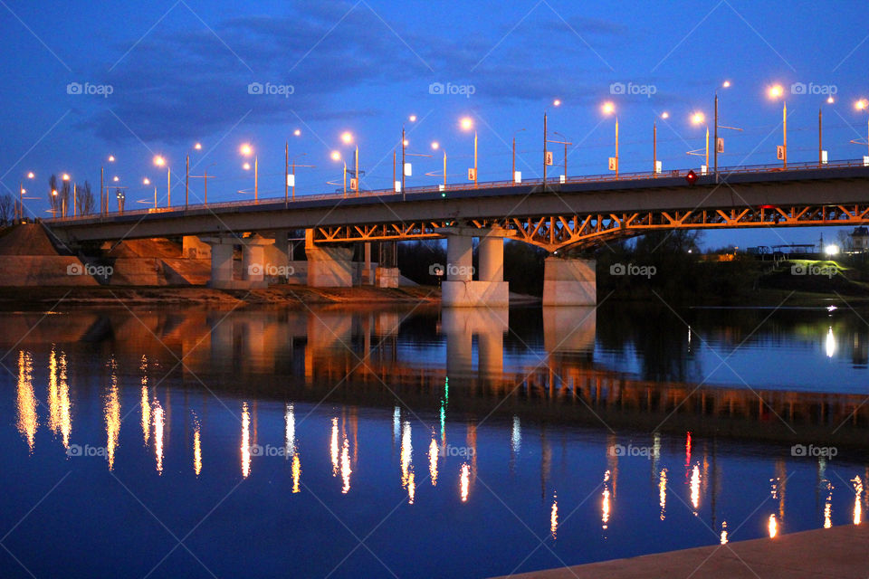 Belarus, Minsk, Gomel, river Sozh, embankment, park, bridge, pavement, river, lights, light, Night, Lamp street, lantern city, reflection, glare, white, Black and white, city