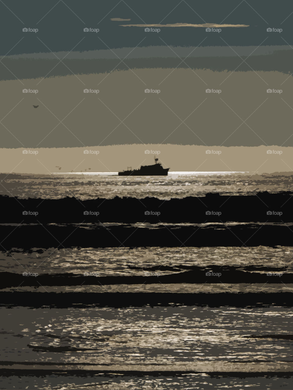 Out Fishing. I took this photo off the shore in Oceanside, Ca. Zoomed in and cropped because I do not have a long enough lens. Painted look given with the cutout filter in CS6