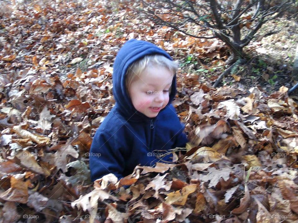 boy in leaves