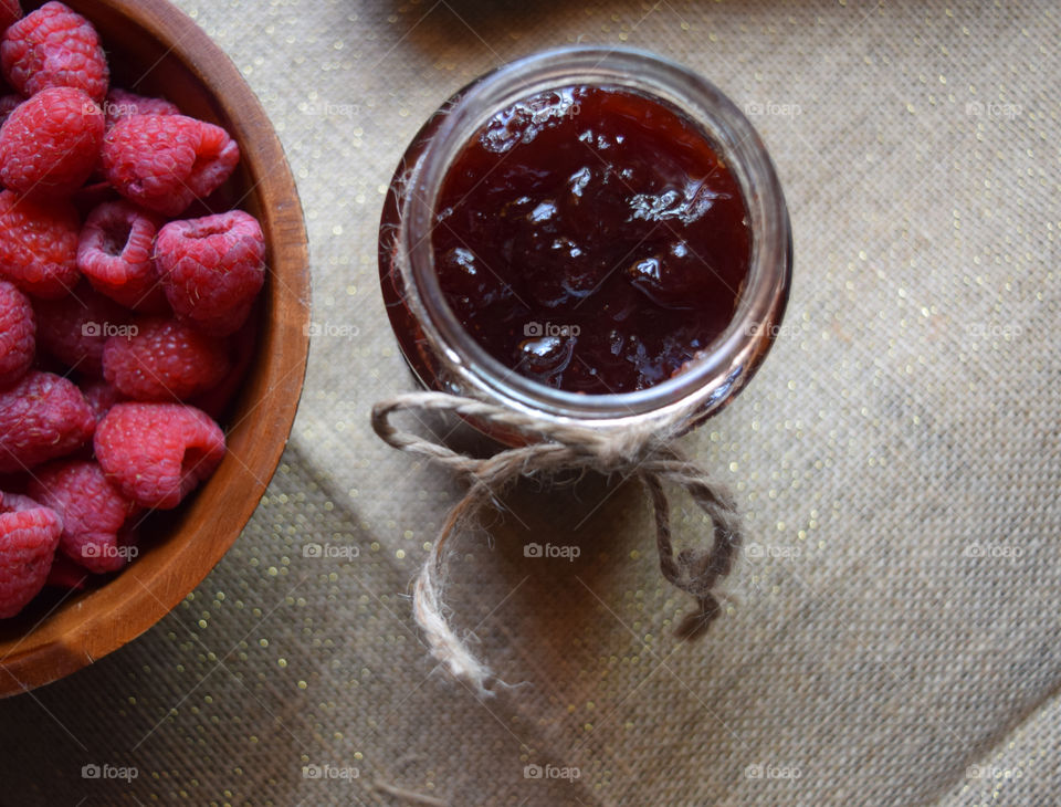 High angle view of raspberry jam