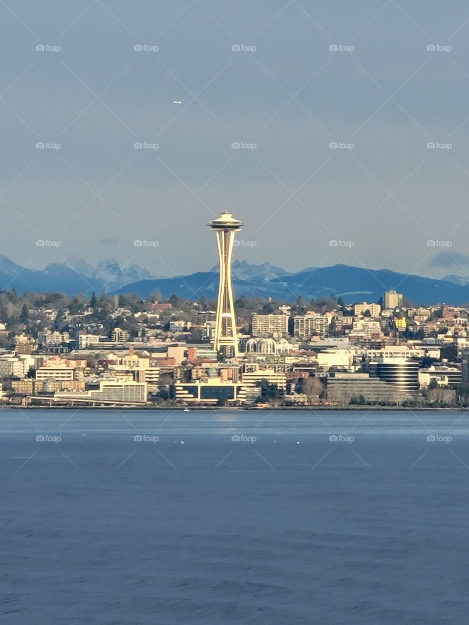 Seattle Space Needle with snowy backdrop