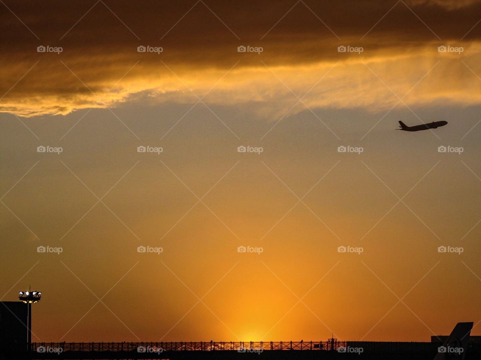 Beautiful sunset while air plane take off at Narita airport Japan