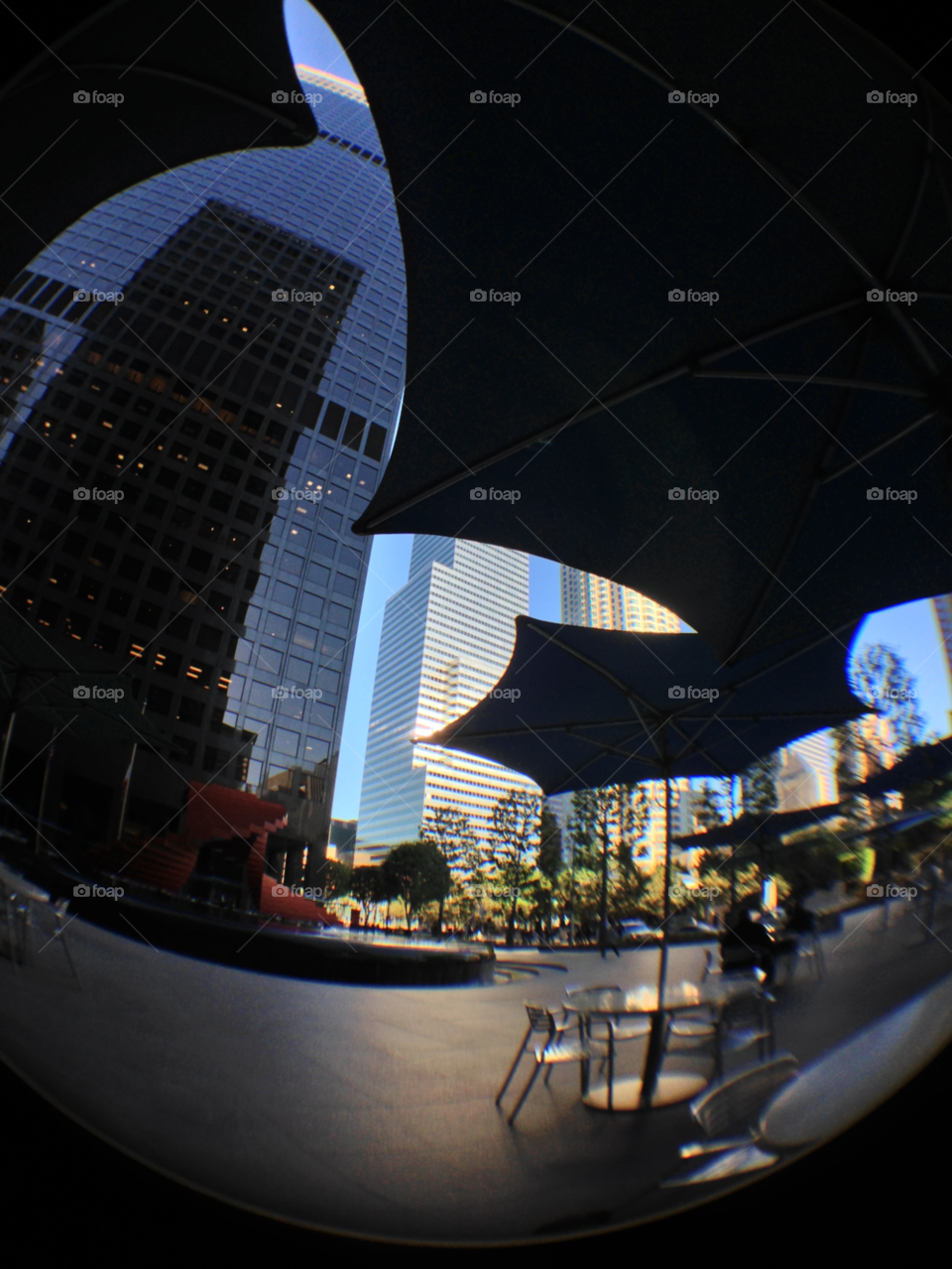 fountain umbrella fish eye view downtown l a by paul.reilly546