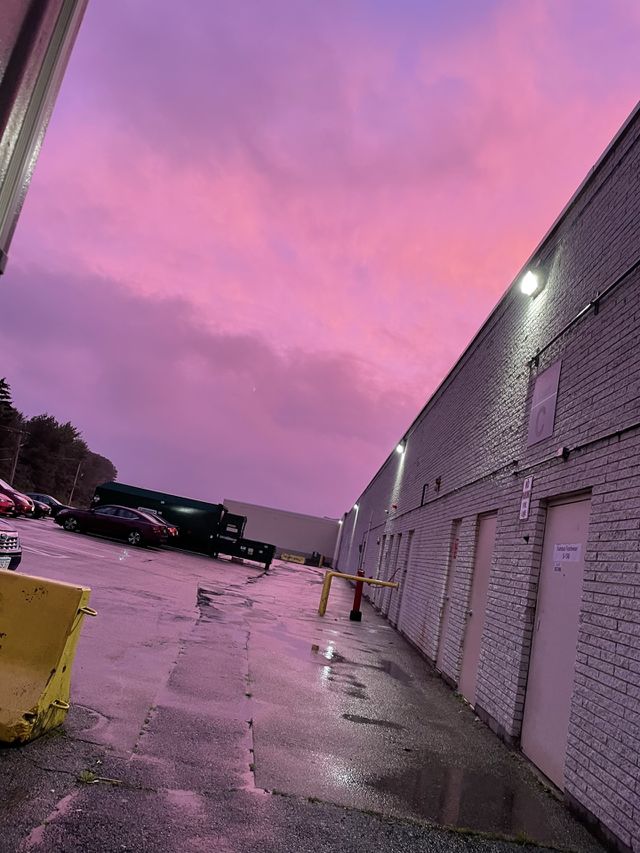The sunset at 8:30 pm as I was leaving work one day. A mixture of pretty pinks and purples and touches of blue. 