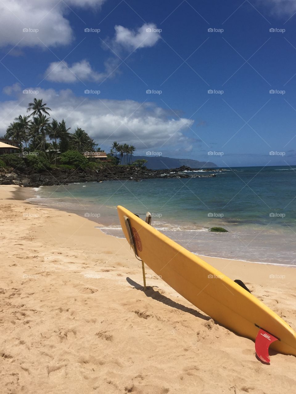 Life guard's surf board at Chun's Reef, Hawaii