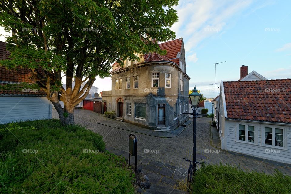 Old town Stavanger . Old buildings along a paved street in the old part of Stavanger, Norway 