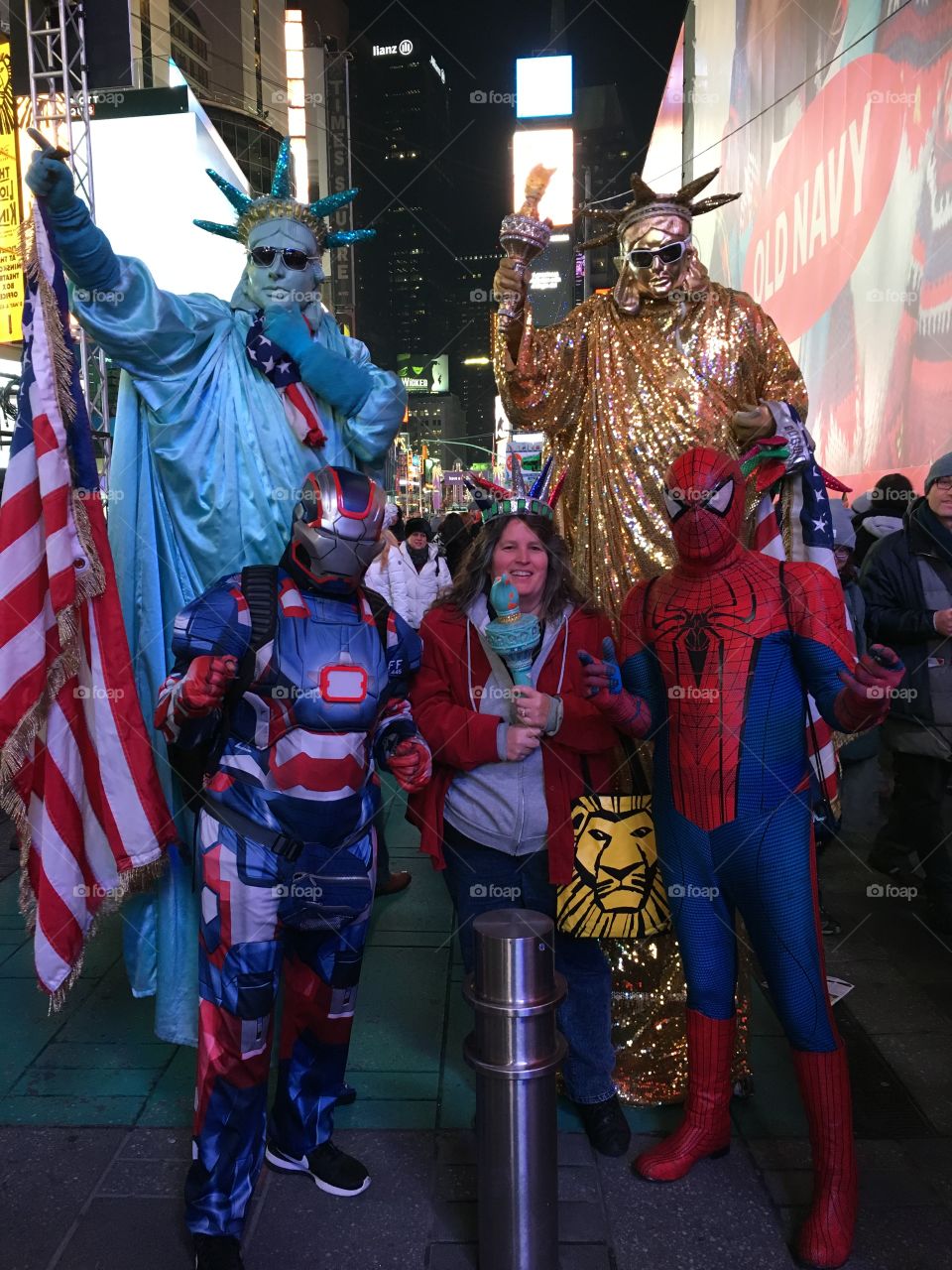 Crazy fun time, Statue of Liberty, Spider-Man and superheroes in Times Square NYC at Christmas 