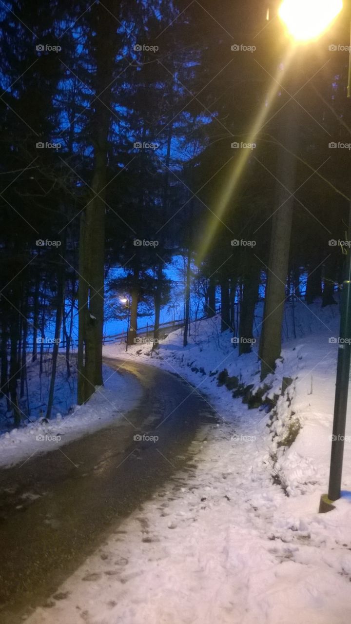 Winter road at night