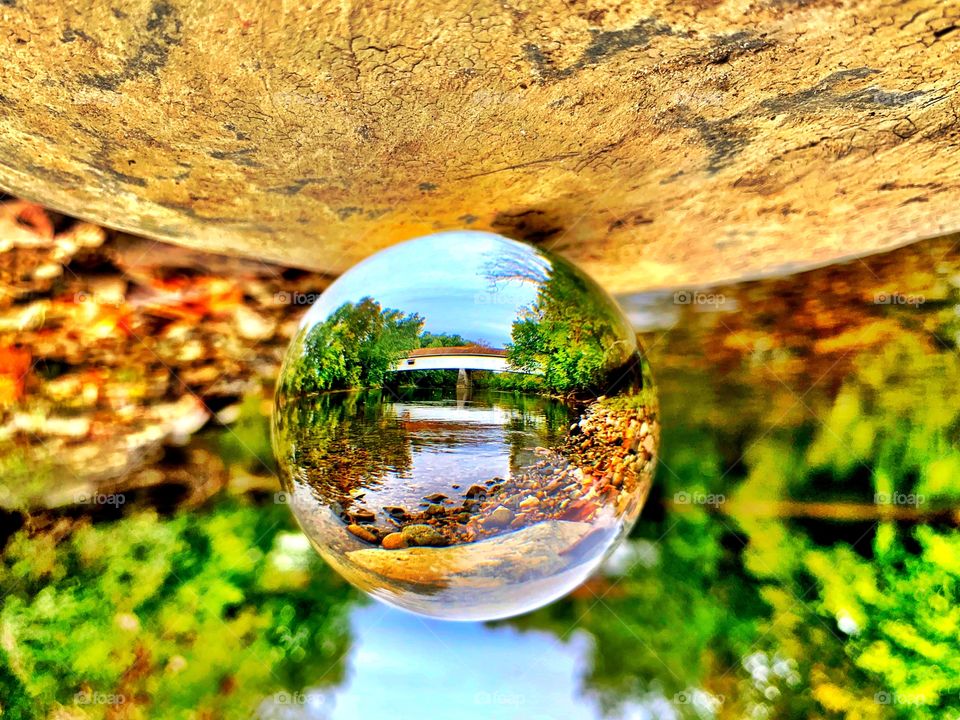 Covered bridge thru a lens ball in Indiana 