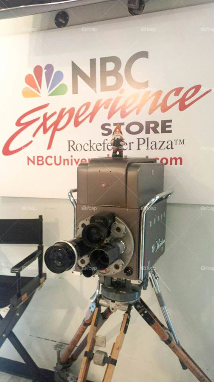 Gnome at NBC studio in NYC. Traveling gnome visits the NBC studio store in New York City