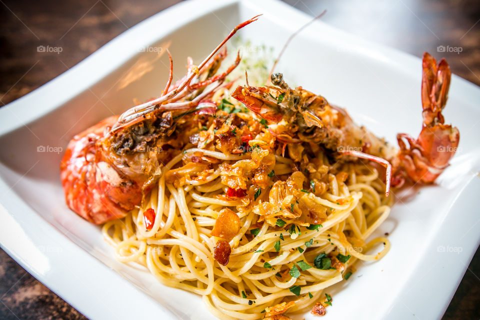 Delicious tiger prawn spaghetti