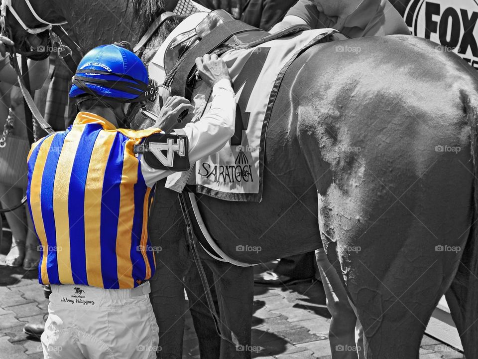 Winner's Circle. Winning rider John Velasquez removes his saddle from the great chestnut filly Fashion Alert in the Schuylerville stakes 