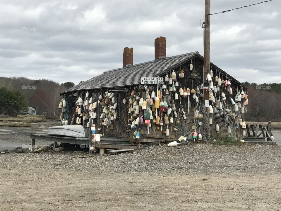 Fishing hut covered in bouys. New England. 